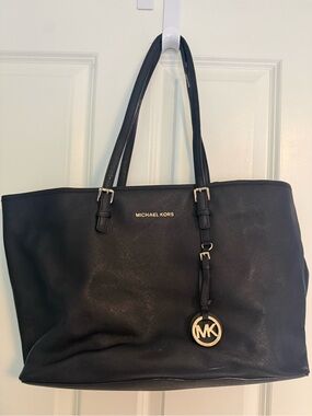 Michael Kors Black Leather Tote with Gold MK Charm
